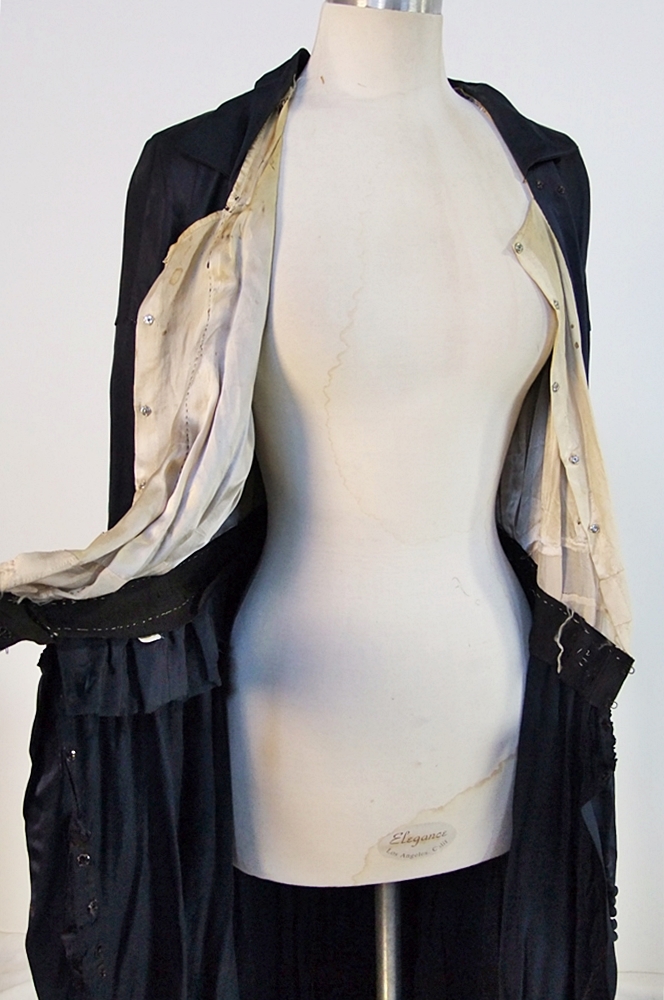 1930's midnight blue silk dress featuring monochromatic dome shaped silk buttoned panel