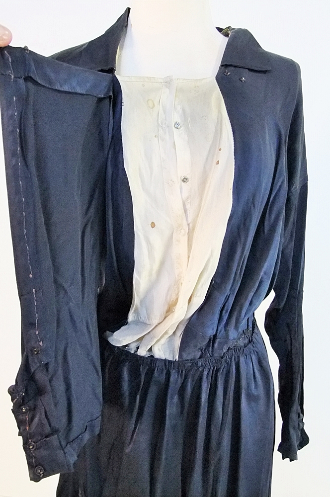 1930's midnight blue silk dress featuring monochromatic dome shaped silk buttoned panel