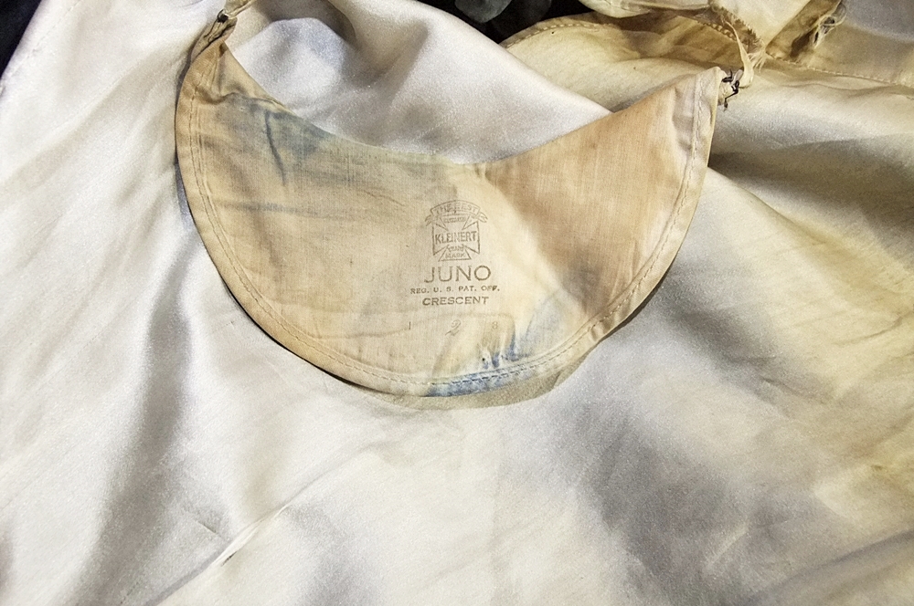 1930's midnight blue silk dress featuring monochromatic dome shaped silk buttoned panel