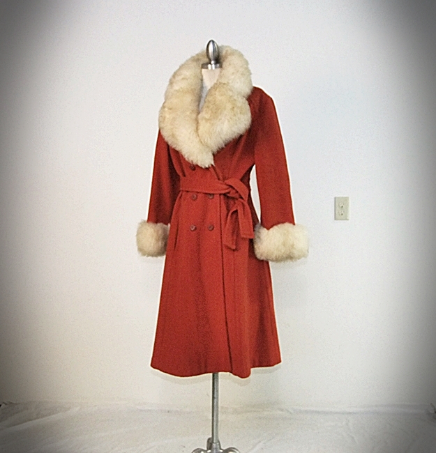 70's vintage Mandarin orange wool coat trimmed in faux fur 
