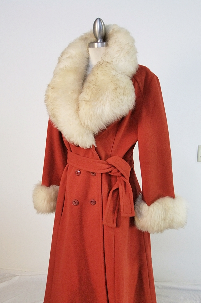 70's vintage Mandarin orange wool coat trimmed in faux fur 