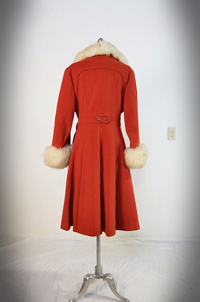 70's vintage Mandarin orange wool coat trimmed in faux fur 