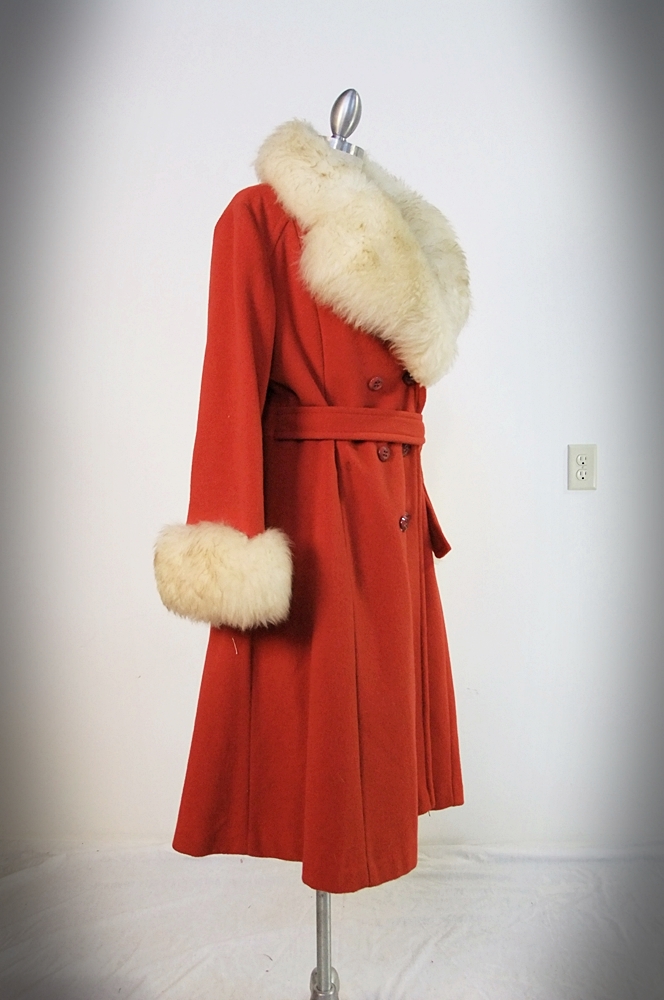 70's vintage Mandarin orange wool coat trimmed in faux fur 