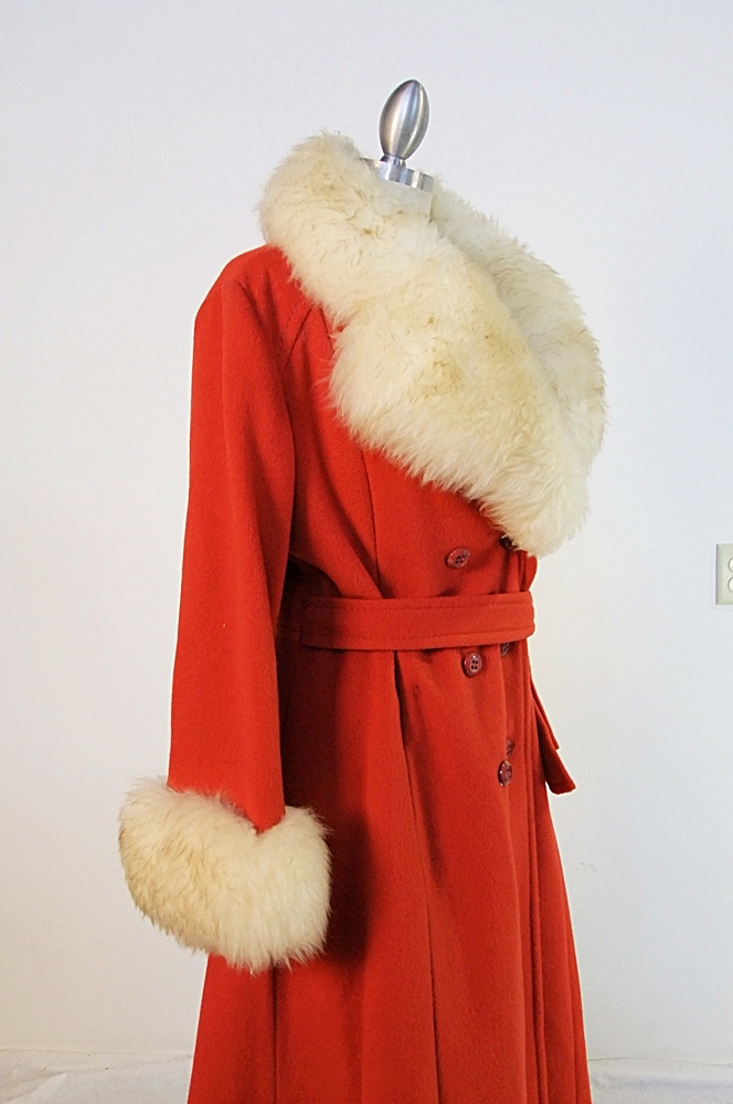 70's vintage Mandarin orange wool coat trimmed in faux fur 