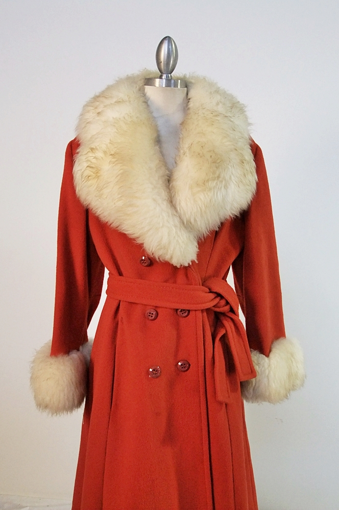 70's vintage Mandarin orange wool coat trimmed in faux fur 