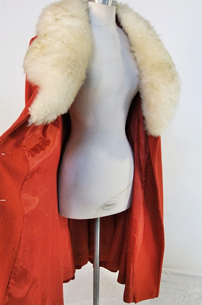 70's vintage Mandarin orange wool coat trimmed in faux fur 