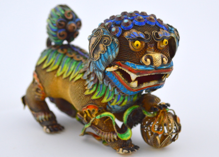 Antique Chinese Foo Dog, Gold Vermeil and Cloisonne 