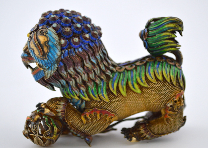 Antique Chinese Foo Dog, Gold Vermeil and Cloisonne 