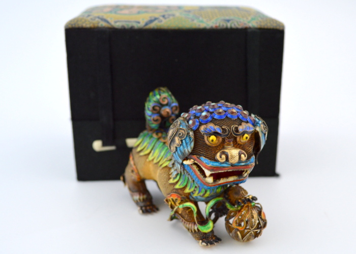 Antique Chinese Foo Dog, Gold Vermeil and Cloisonne 