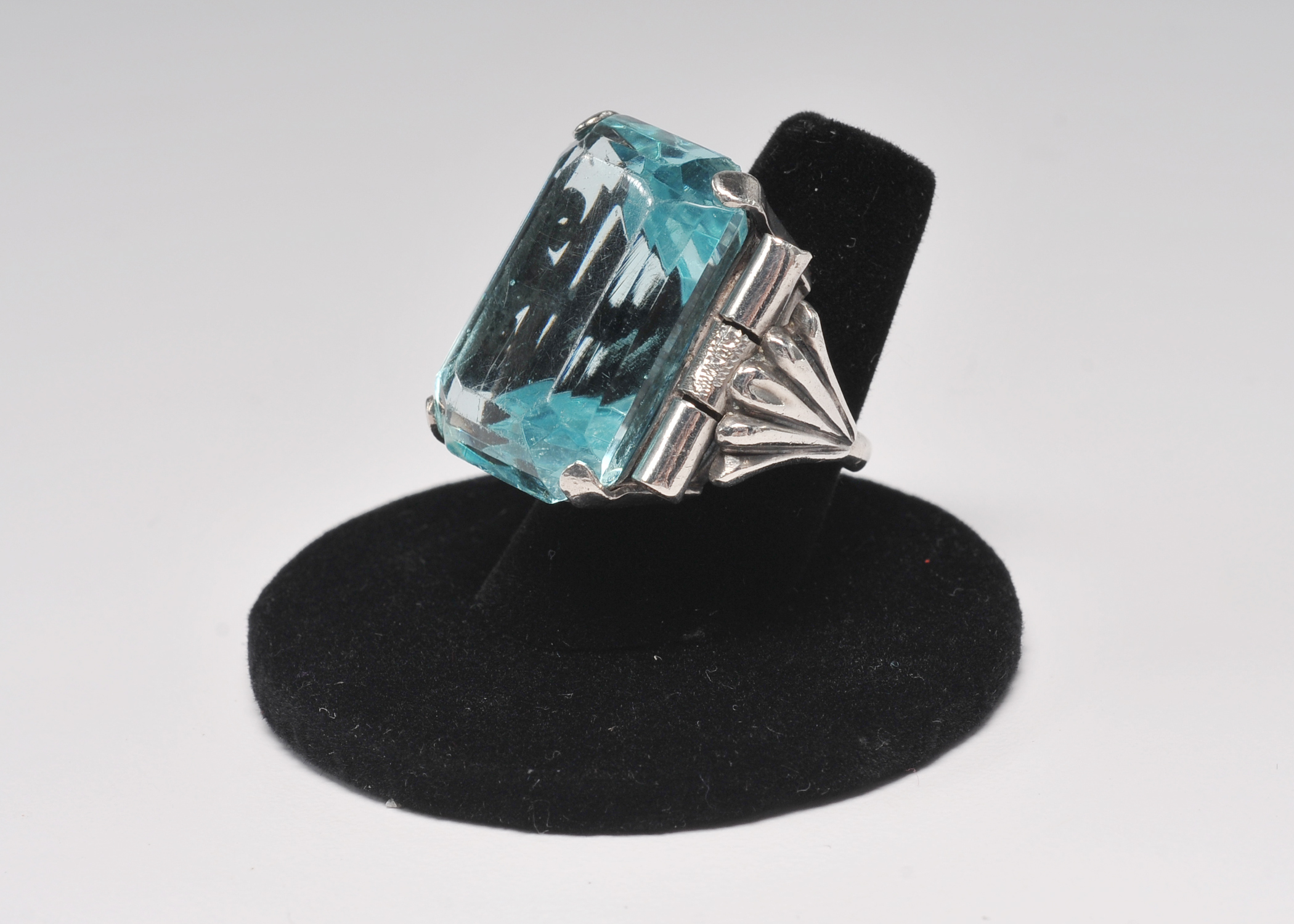  Art Deco silver ring with large aqua blue faceted cut stone
