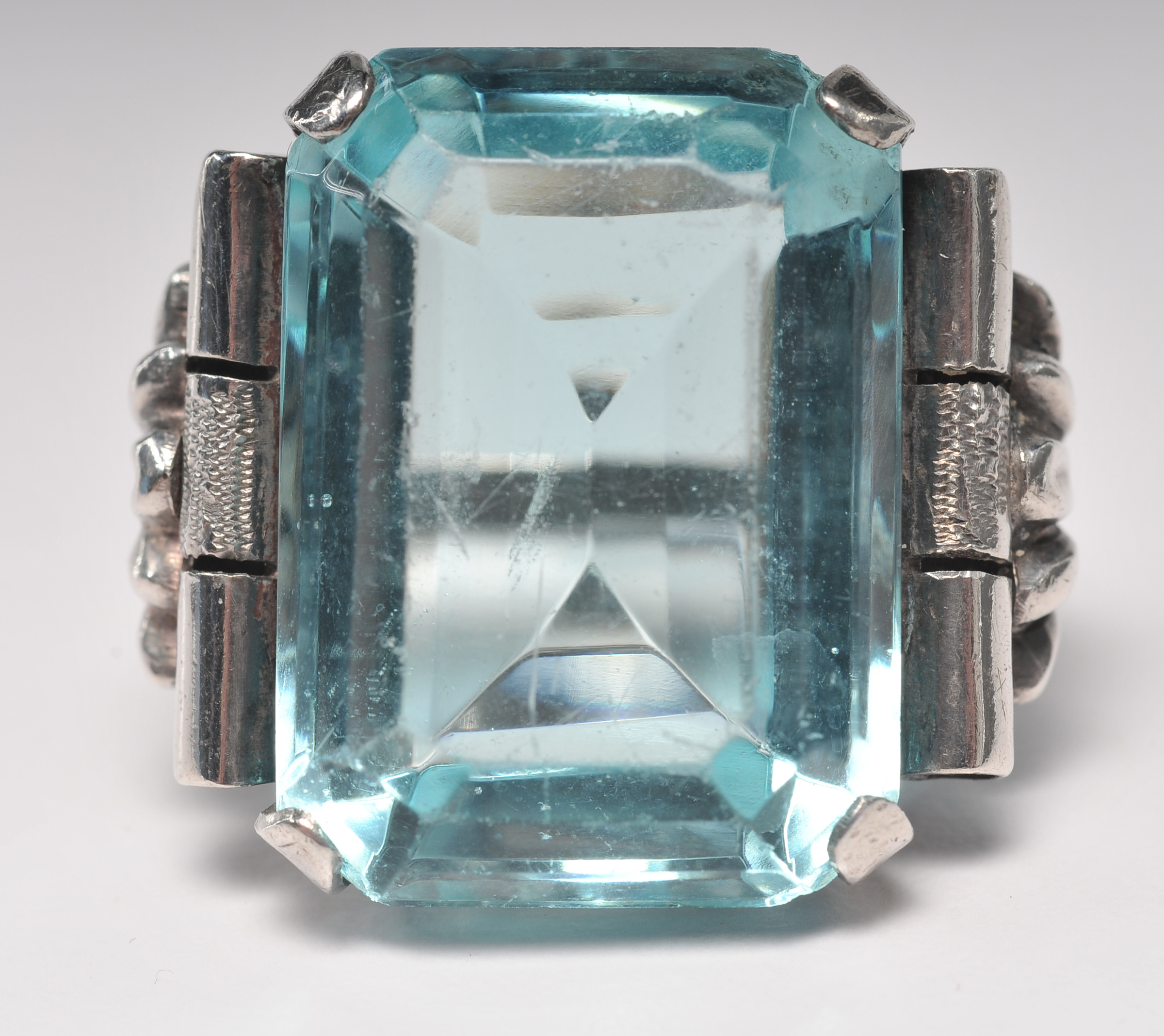  Art Deco silver ring with large aqua blue faceted cut stone