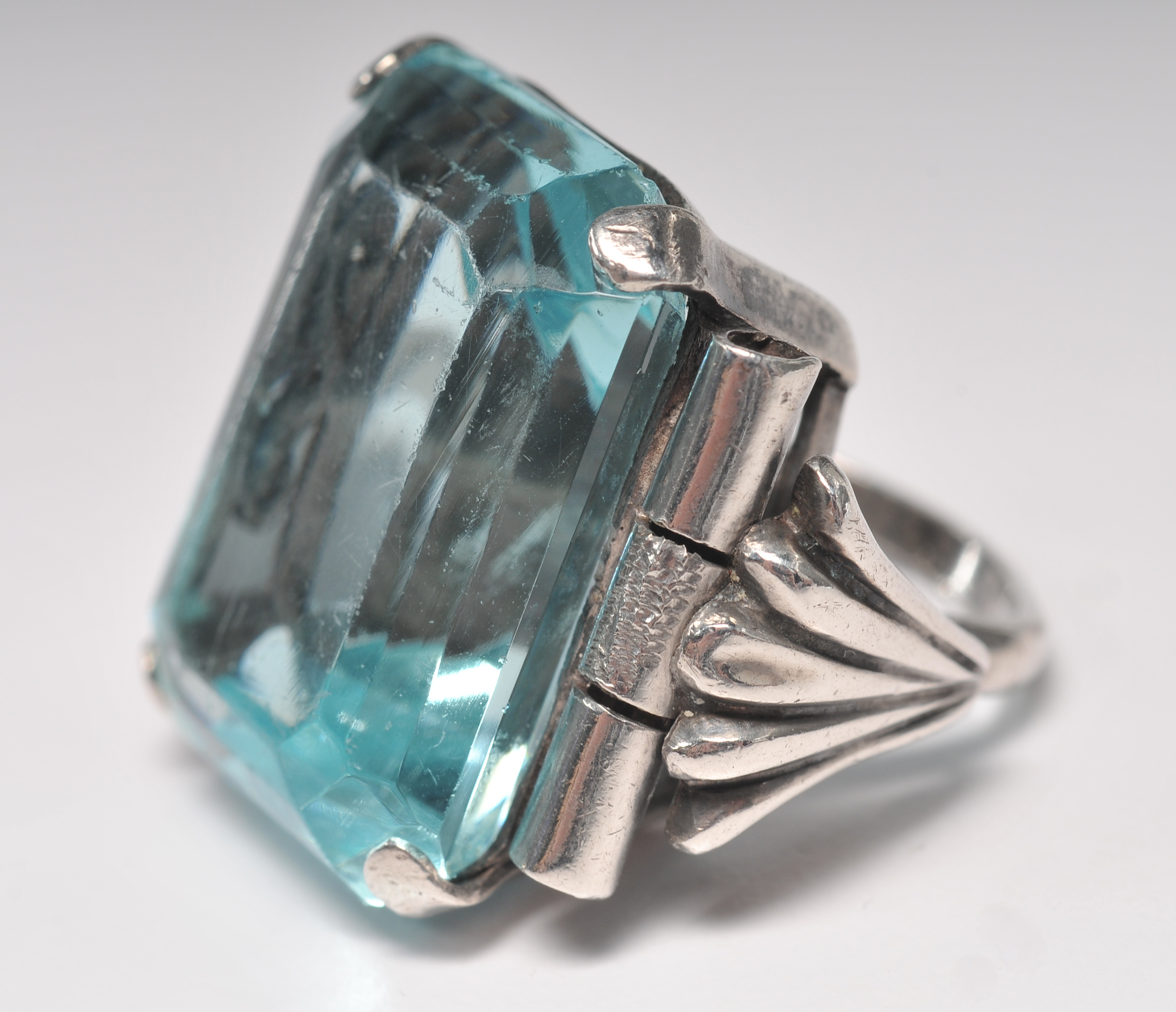  Art Deco silver ring with large aqua blue faceted cut stone