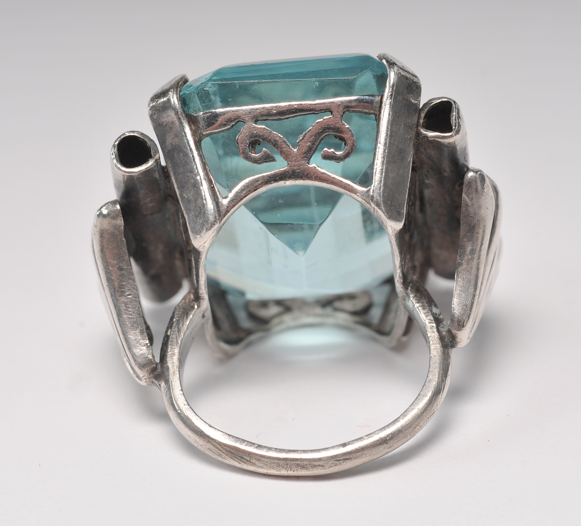  Art Deco silver ring with large aqua blue faceted cut stone