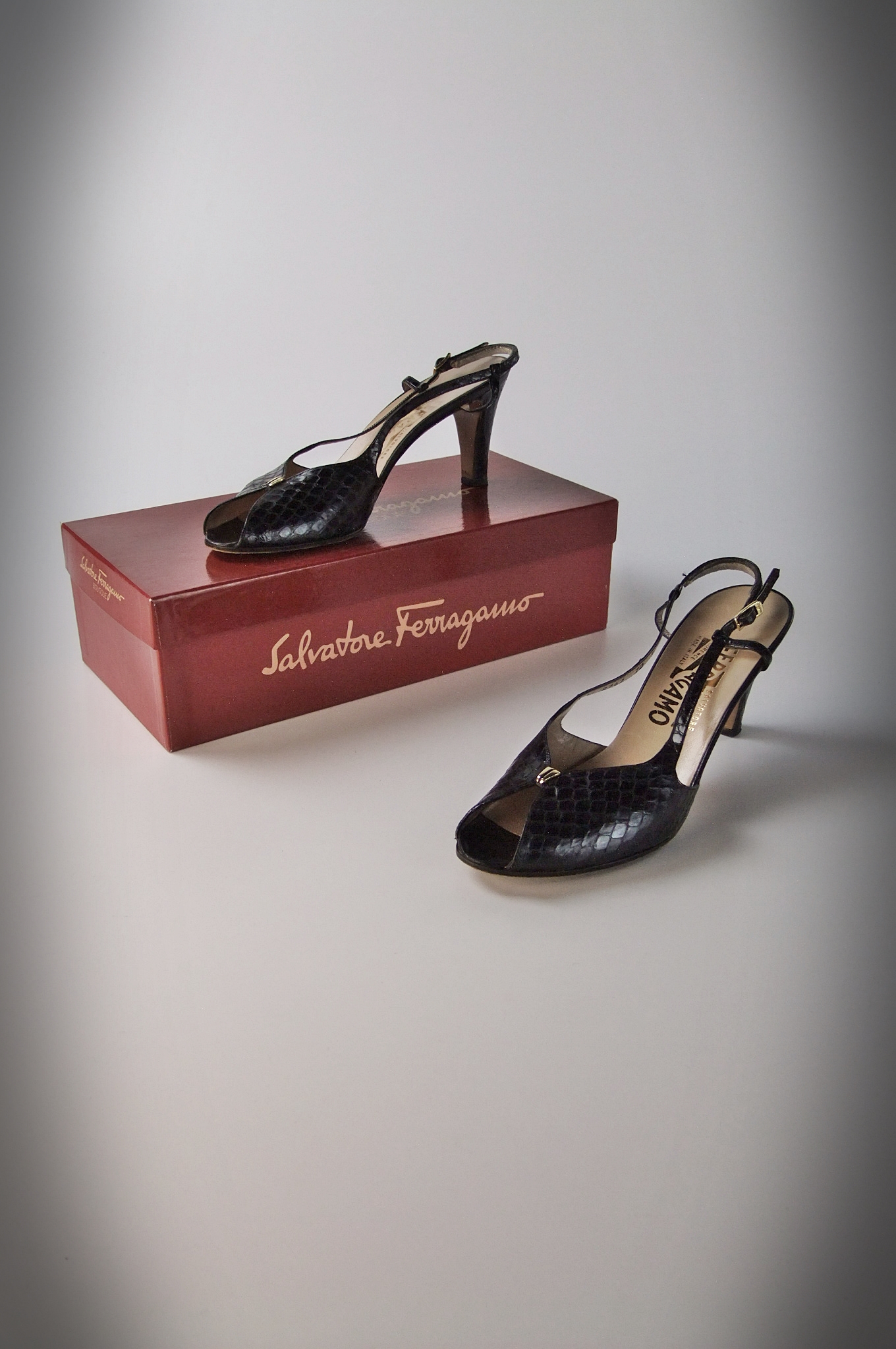 Salvatore Ferragamo black reptile skin leather heels
