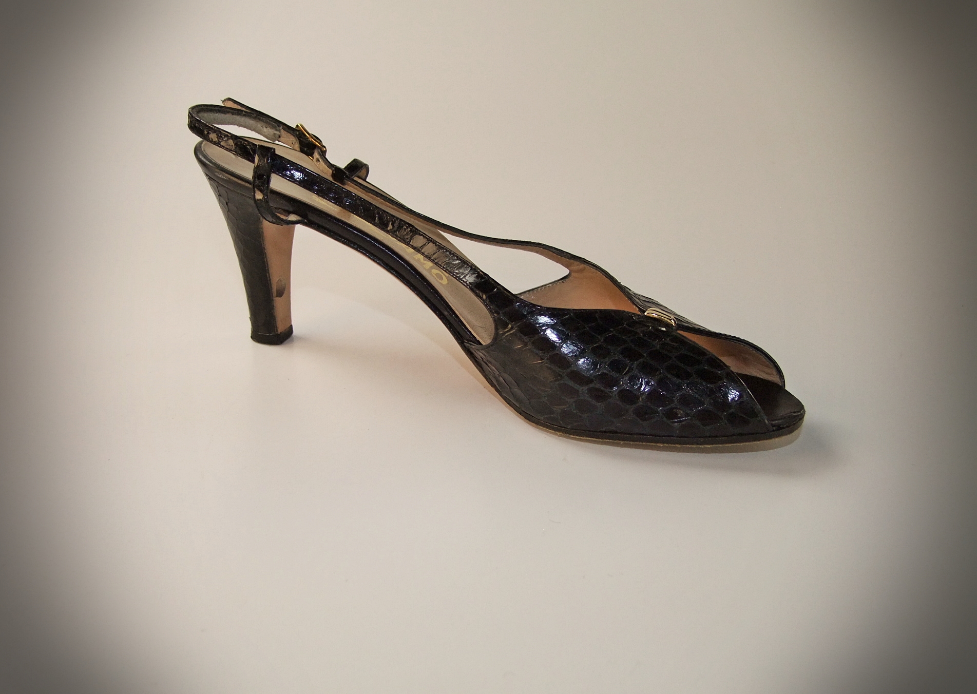 Salvatore Ferragamo black reptile skin leather heels