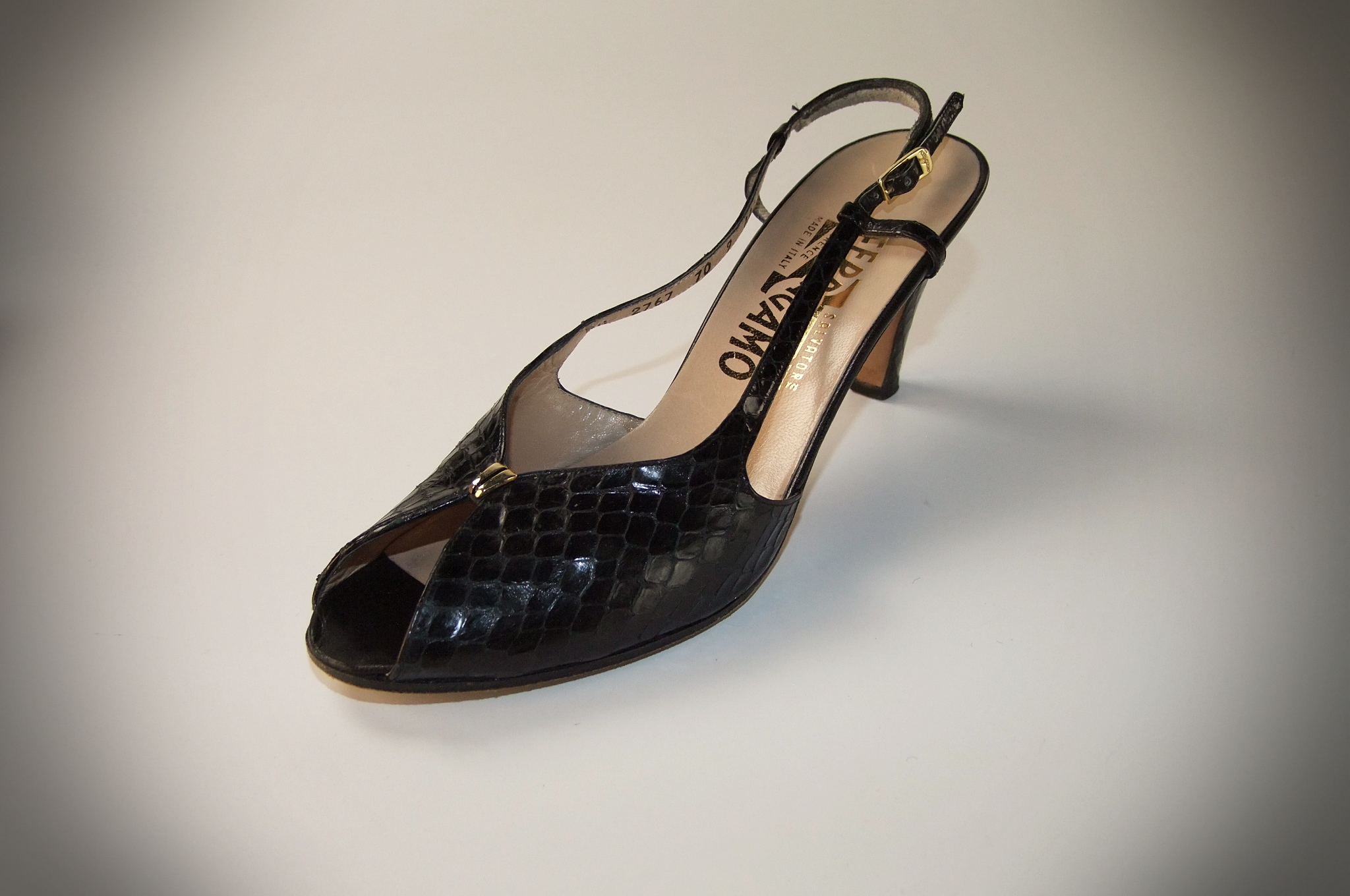 Salvatore Ferragamo black reptile skin leather heels