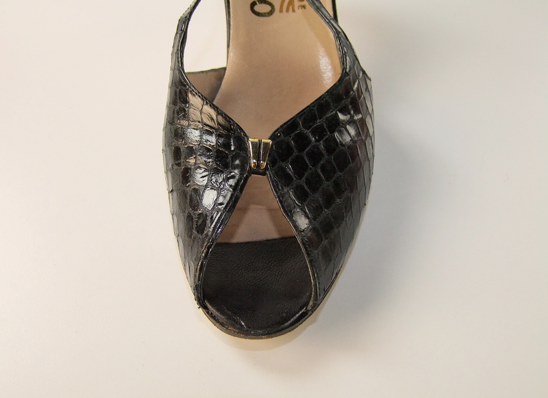Salvatore Ferragamo black reptile skin leather heels