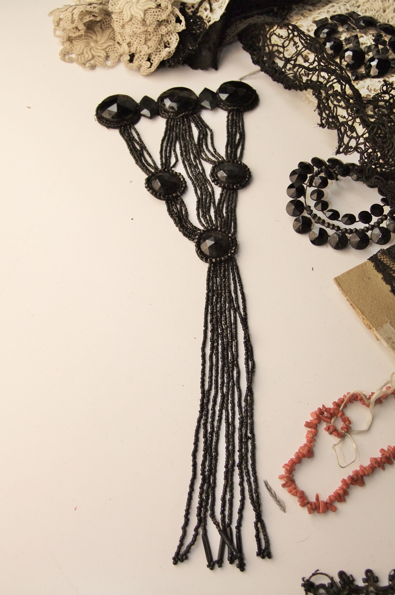 Collection of Victorian and early 20th Century hand beaded dress adornments and lace 