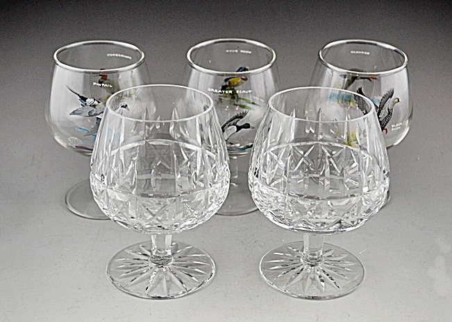 Set of 2 Waterford Kylemore Brandy Snifters & Set of 3 Ned Smith Brandy Snifters