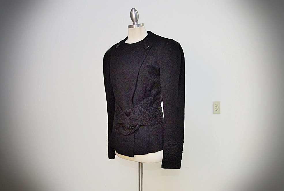 1940's black wool jacket with ribbon work and coordinating belt