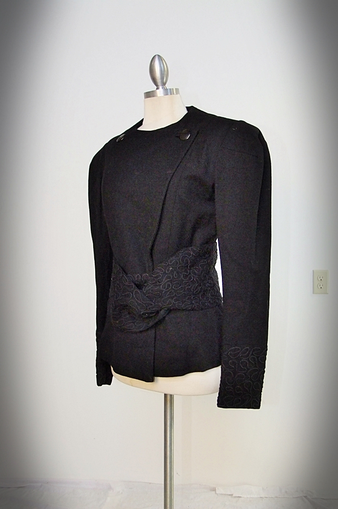 1940's black wool jacket with ribbon work and coordinating belt