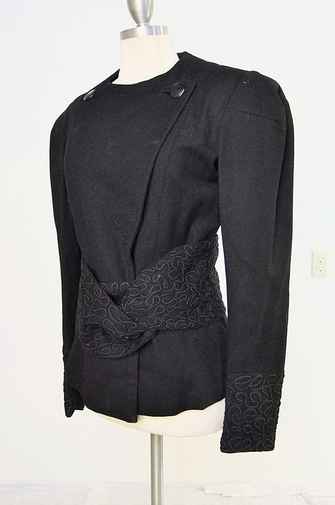 1940's black wool jacket with ribbon work and coordinating belt