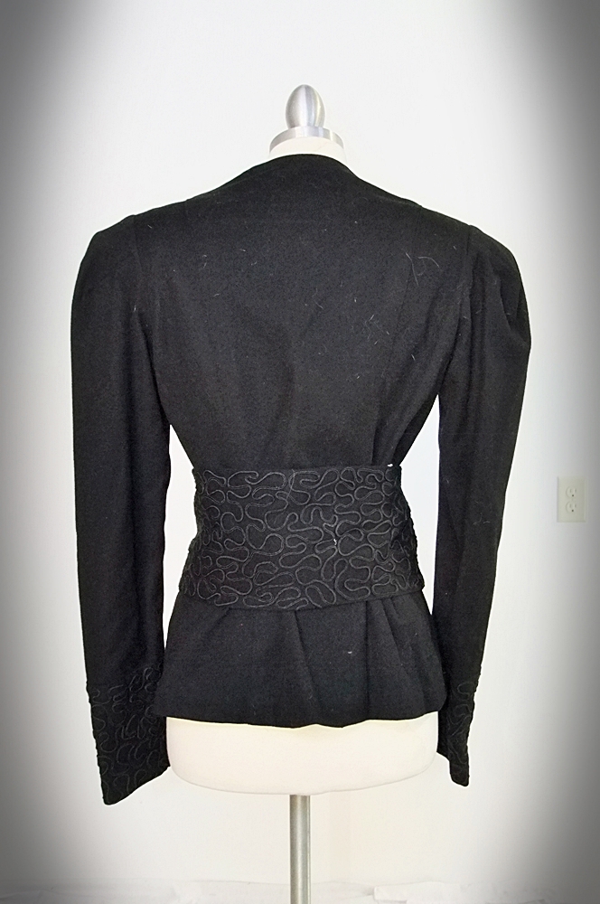 1940's black wool jacket with ribbon work and coordinating belt