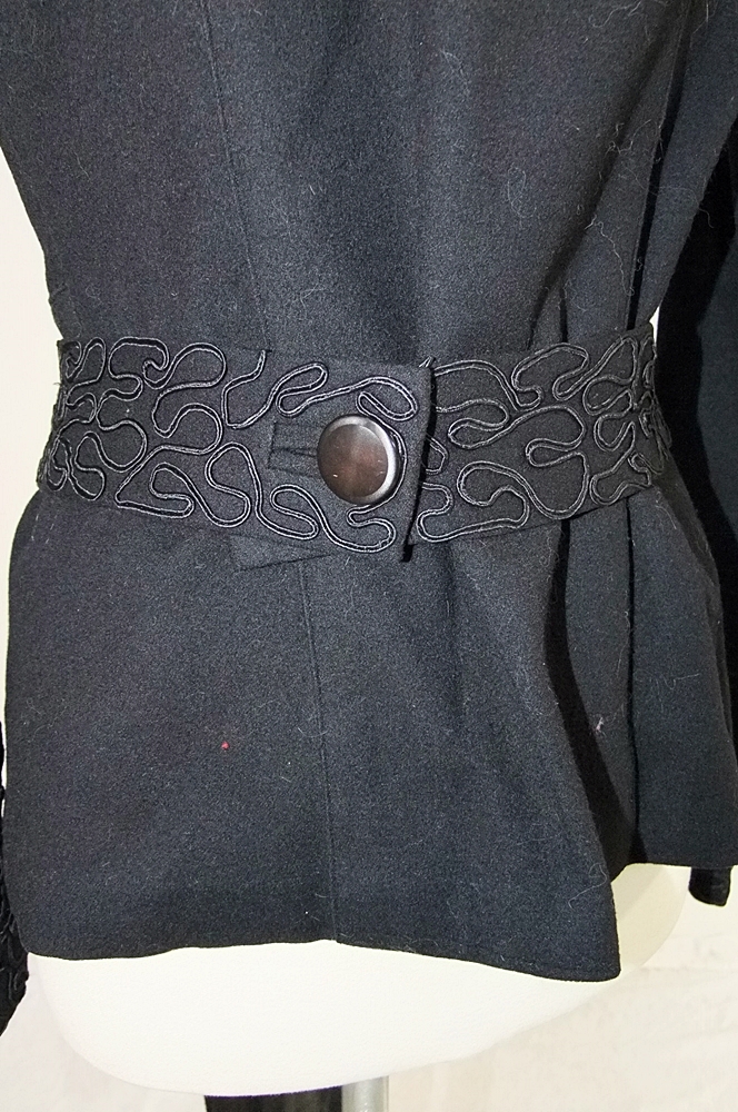 1940's black wool jacket with ribbon work and coordinating belt