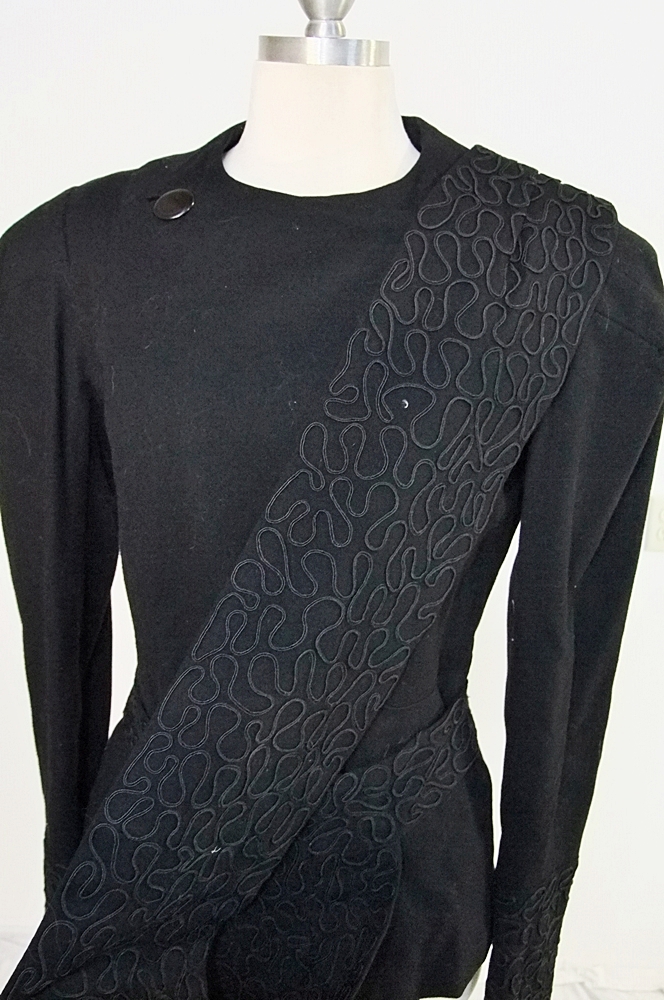 1940's black wool jacket with ribbon work and coordinating belt
