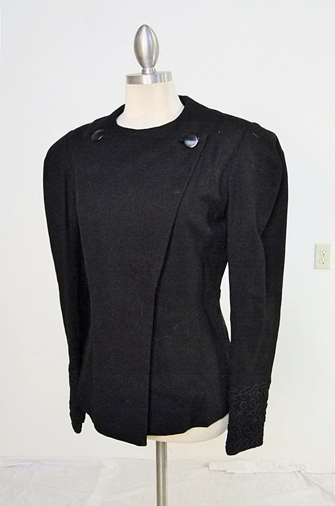 1940's black wool jacket with ribbon work and coordinating belt
