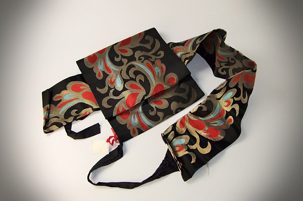 Japanese black silk Obi sash with foliate scrolls