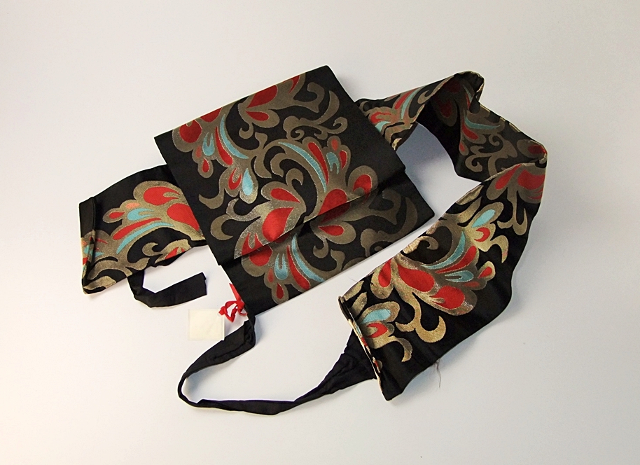Japanese black silk Obi sash with foliate scrolls