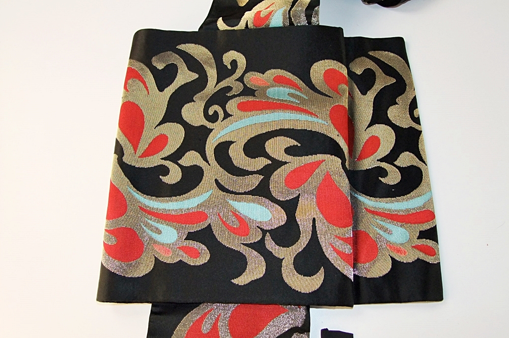 Japanese black silk Obi sash with foliate scrolls