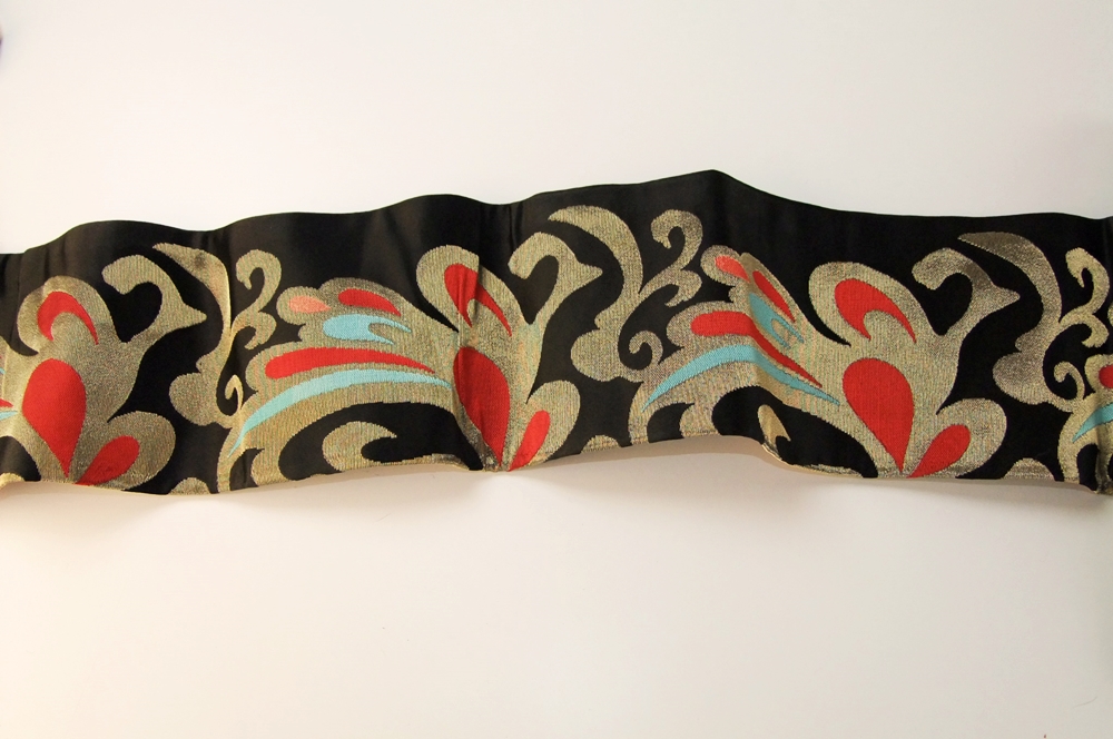 Japanese black silk Obi sash with foliate scrolls