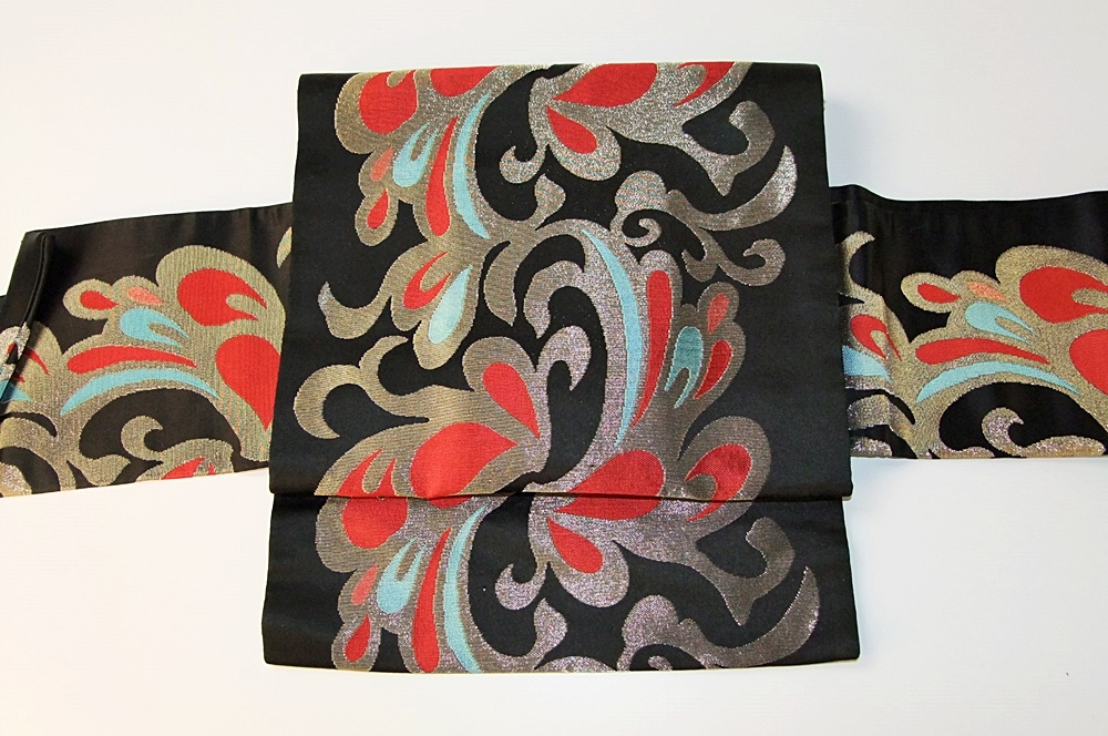 Japanese black silk Obi sash with foliate scrolls