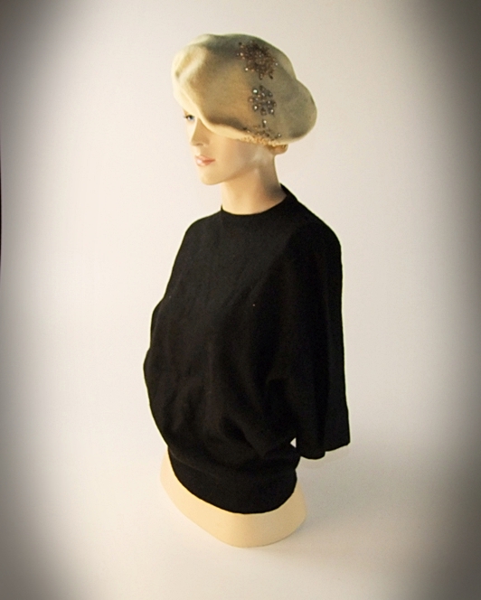 Vintage black cashmere Marilyn Monroe style sweater and ivory wool beret embellished with hand sewn beads