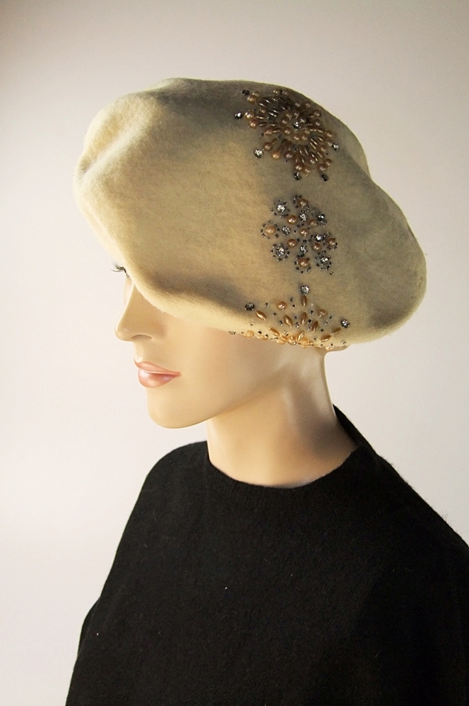 Vintage black cashmere Marilyn Monroe style sweater and ivory wool beret embellished with hand sewn beads