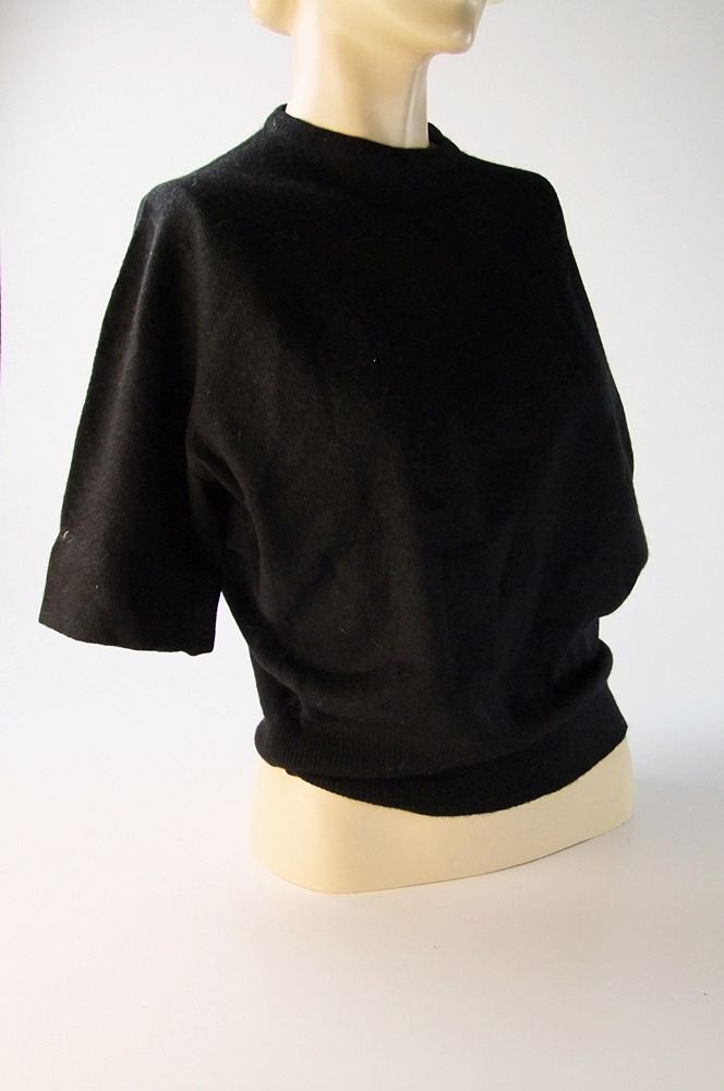 Vintage black cashmere Marilyn Monroe style sweater and ivory wool beret embellished with hand sewn beads