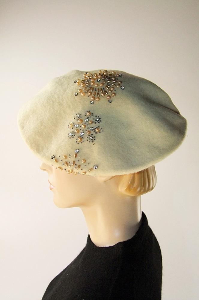 Vintage black cashmere Marilyn Monroe style sweater and ivory wool beret embellished with hand sewn beads