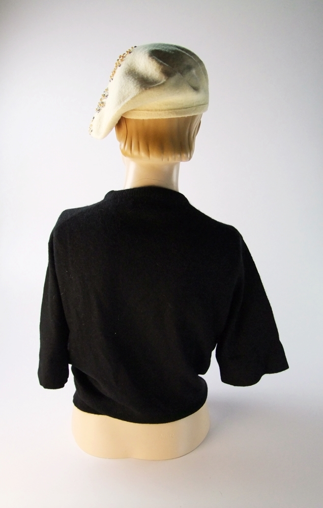 Vintage black cashmere Marilyn Monroe style sweater and ivory wool beret embellished with hand sewn beads