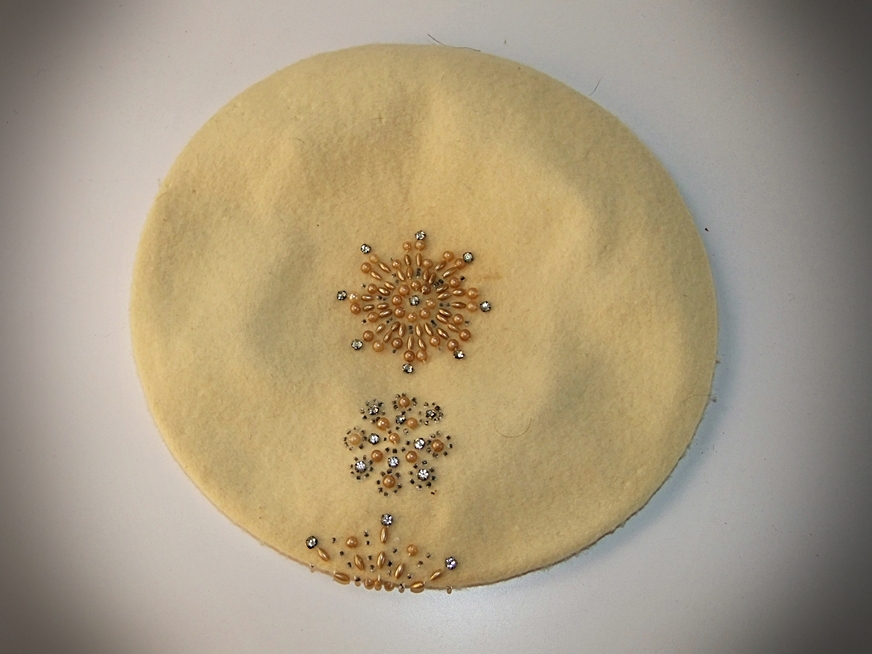 Vintage black cashmere Marilyn Monroe style sweater and ivory wool beret embellished with hand sewn beads