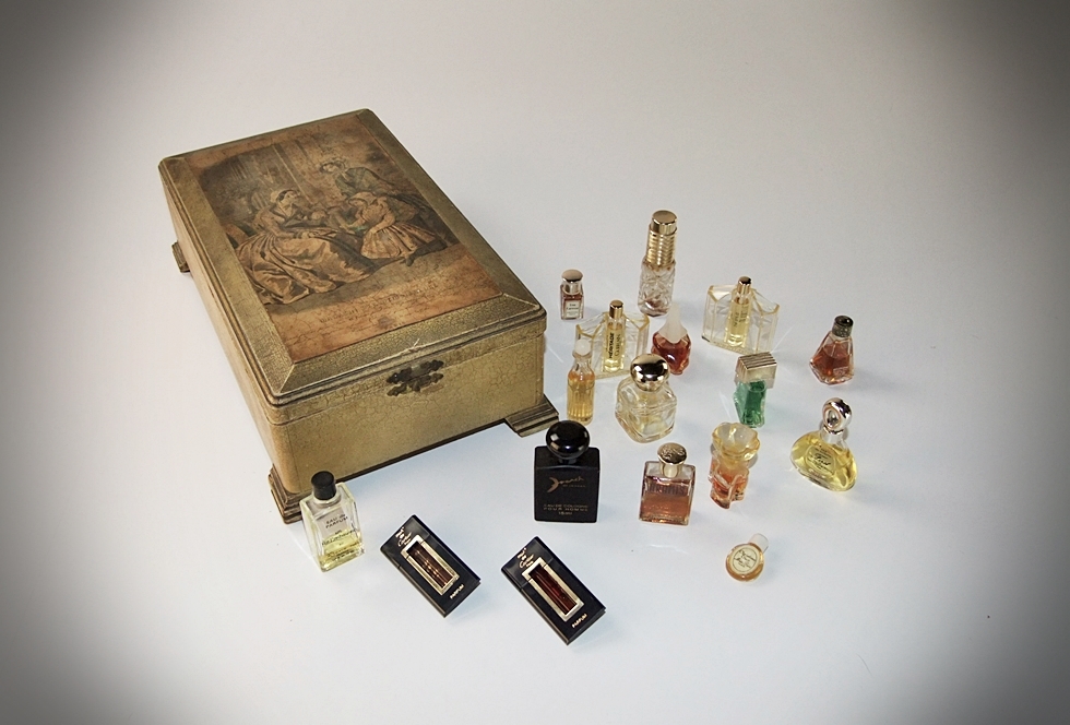 Antique wooden jewelry box with jewelry, pill boxes, perfume and more