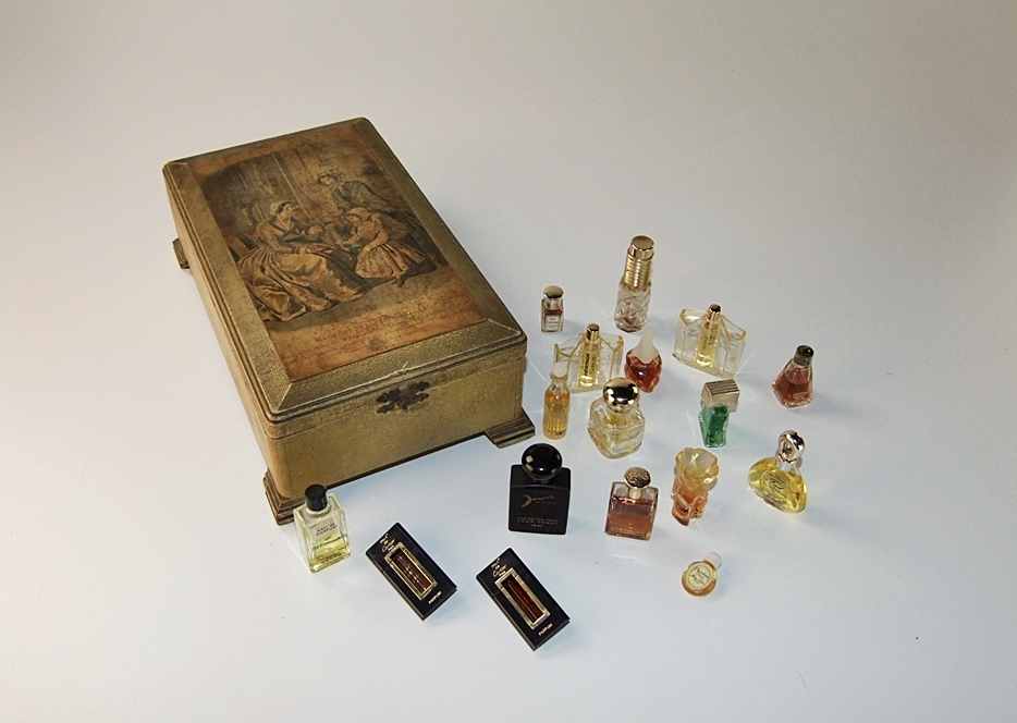 Antique wooden jewelry box with jewelry, pill boxes, perfume and more