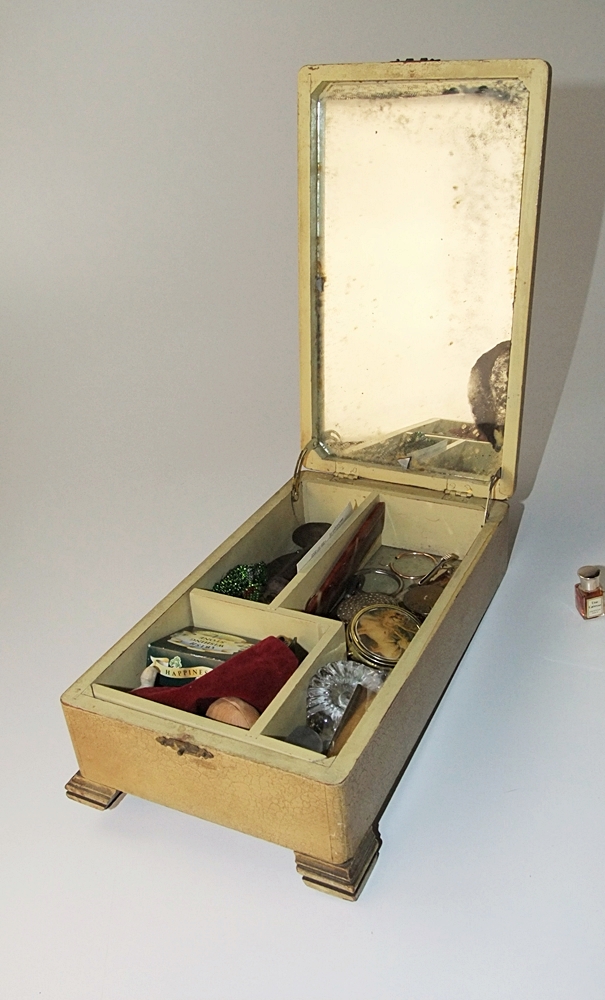 Antique wooden jewelry box with jewelry, pill boxes, perfume and more