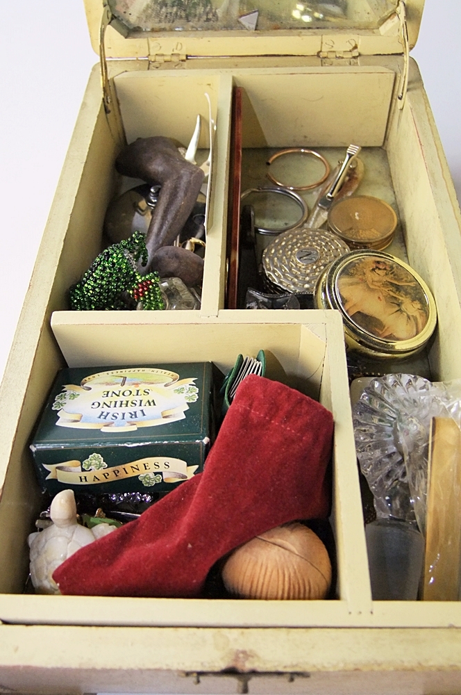 Antique wooden jewelry box with jewelry, pill boxes, perfume and more