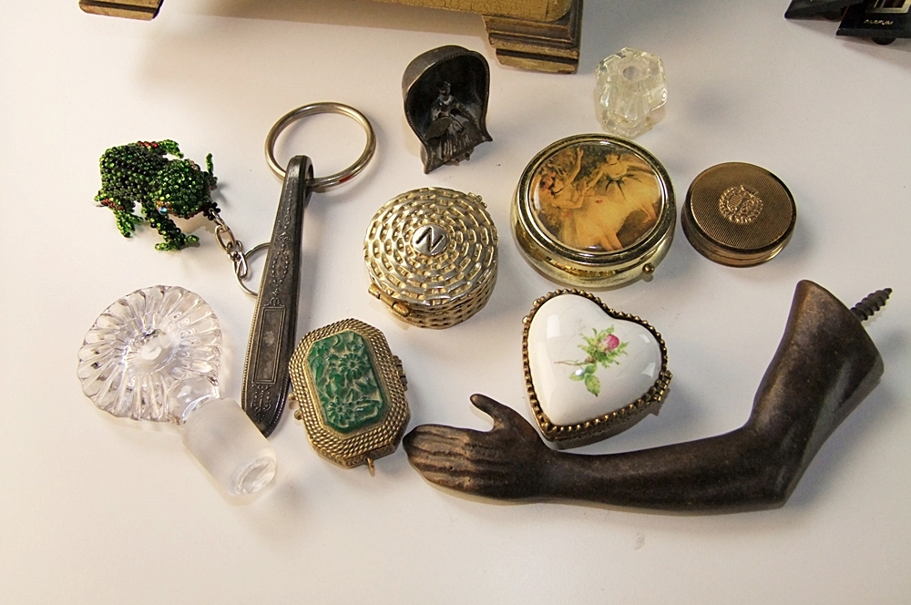 Antique wooden jewelry box with jewelry, pill boxes, perfume and more