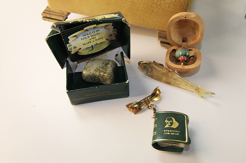 Antique wooden jewelry box with jewelry, pill boxes, perfume and more