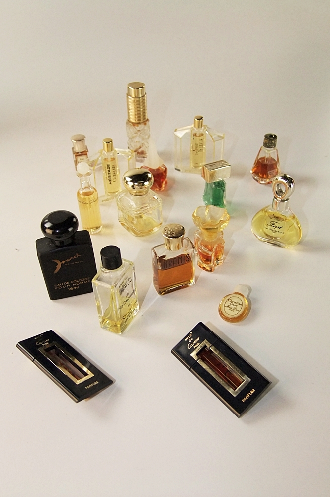 Antique wooden jewelry box with jewelry, pill boxes, perfume and more