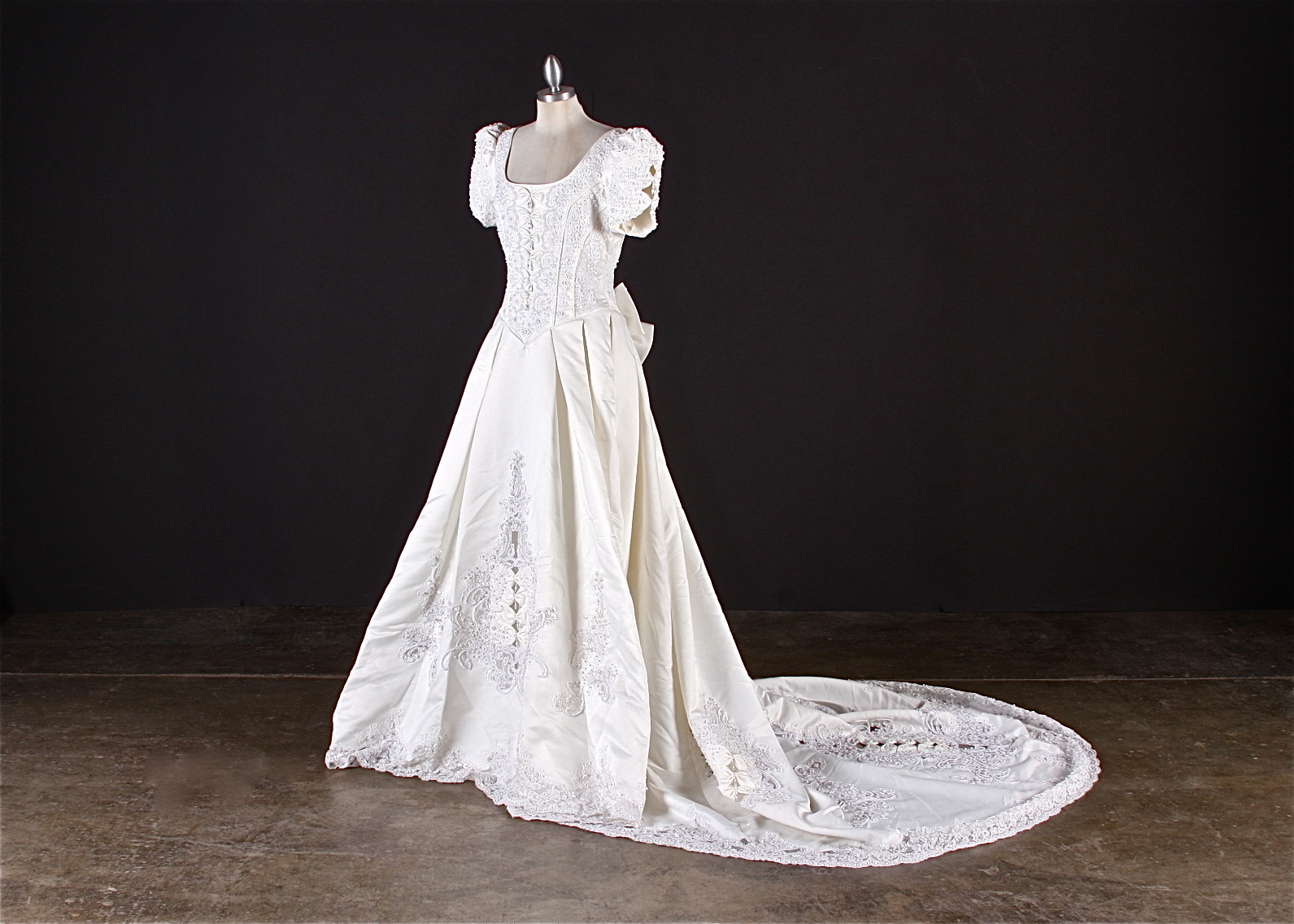 Breathtaking Benjamin Roberts Wedding gown in ivory satin embellished with faux white frosted pearls and sequins