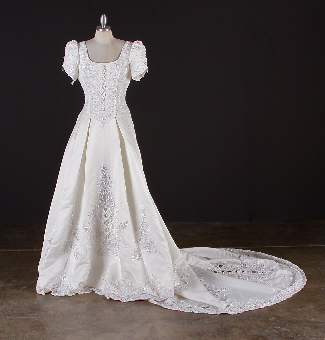 Breathtaking Benjamin Roberts Wedding gown in ivory satin embellished with faux white frosted pearls and sequins